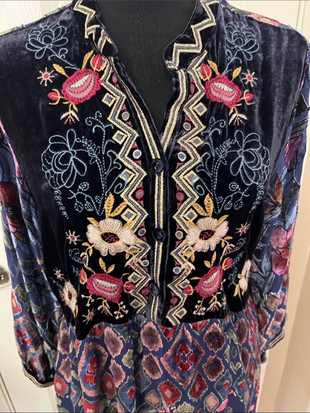 Johnny Was Navy Velvet Embroidered Floral Mini Dress - Picture 2 of 6